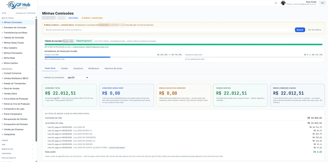 Portal de comissões com a comissão do mês do parceiro, o que já virou nota fiscal e o que falta emitir